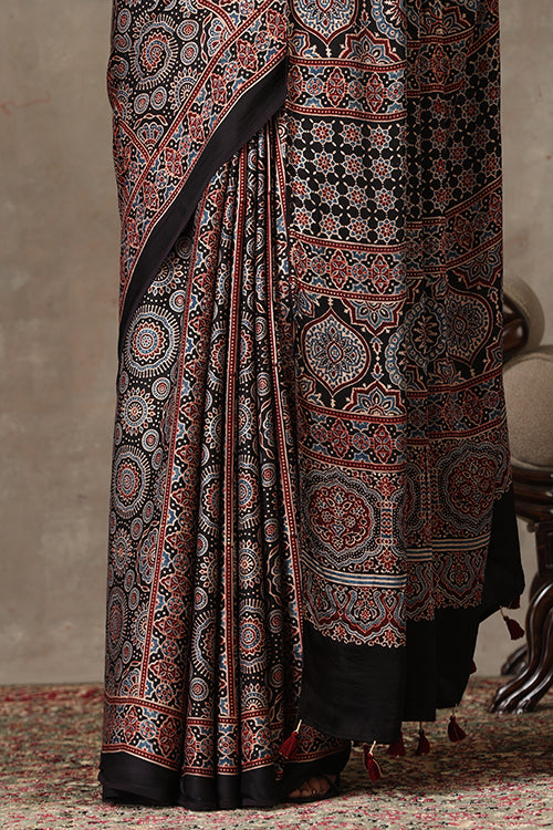 TENAARO  Ajrakh Hand Block Printed Modal Silk Saree (Black26)