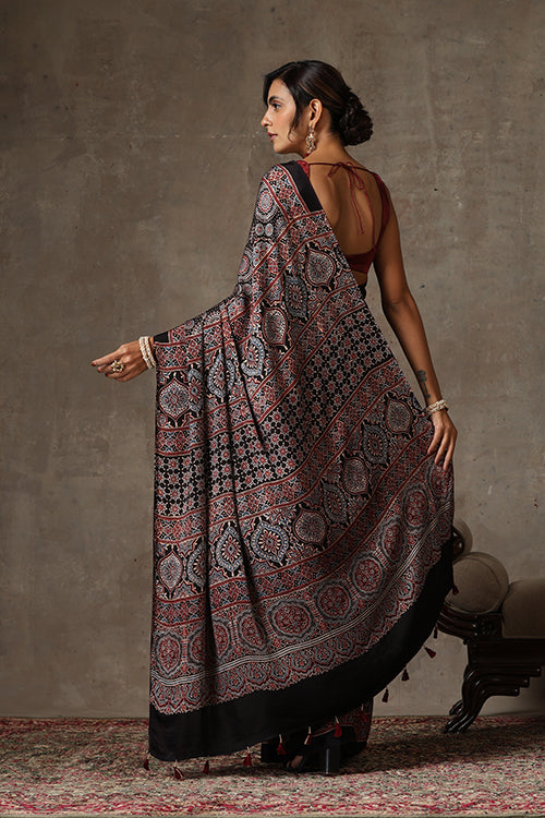 TENAARO  Ajrakh Hand Block Printed Modal Silk Saree (Black26)
