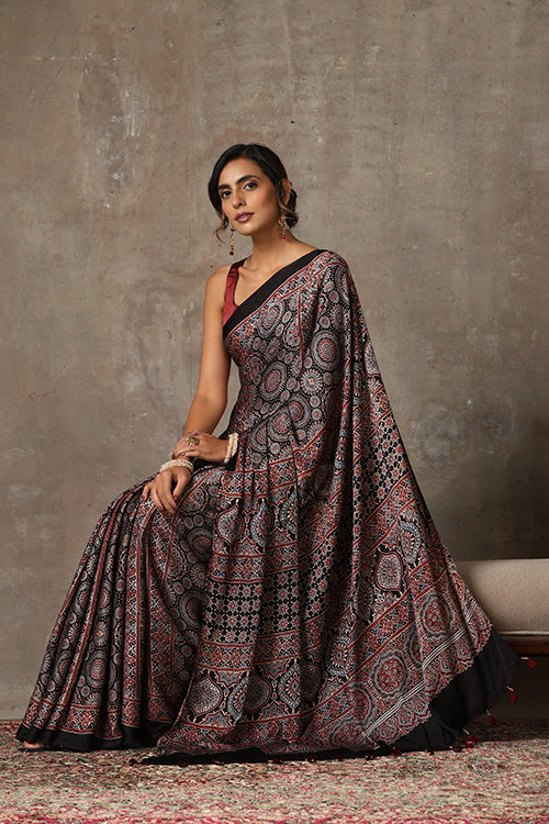TENAARO  Ajrakh Hand Block Printed Modal Silk Saree (Black26)