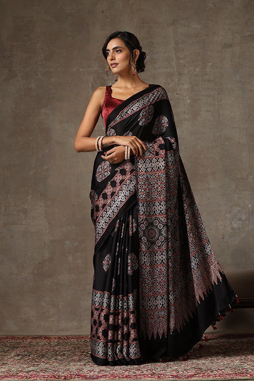 TENAARO  Ajrakh Hand Block Printed Modal Silk Saree (Black27)