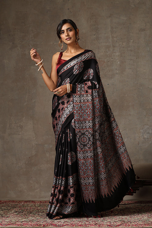 TENAARO  Ajrakh Hand Block Printed Modal Silk Saree (Black27)
