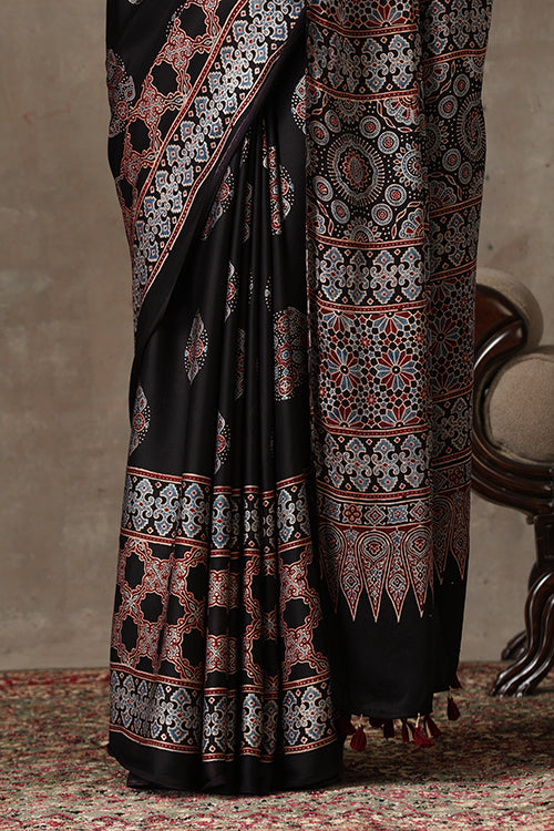 TENAARO  Ajrakh Hand Block Printed Modal Silk Saree (Black27)