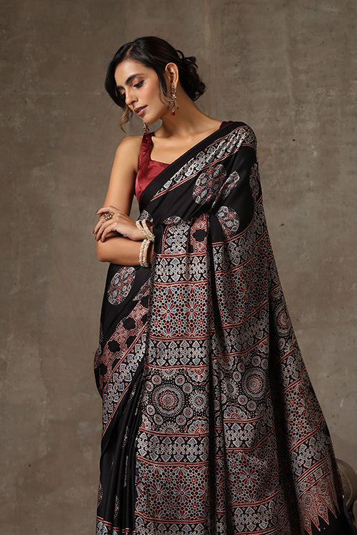 TENAARO  Ajrakh Hand Block Printed Modal Silk Saree (Black27)