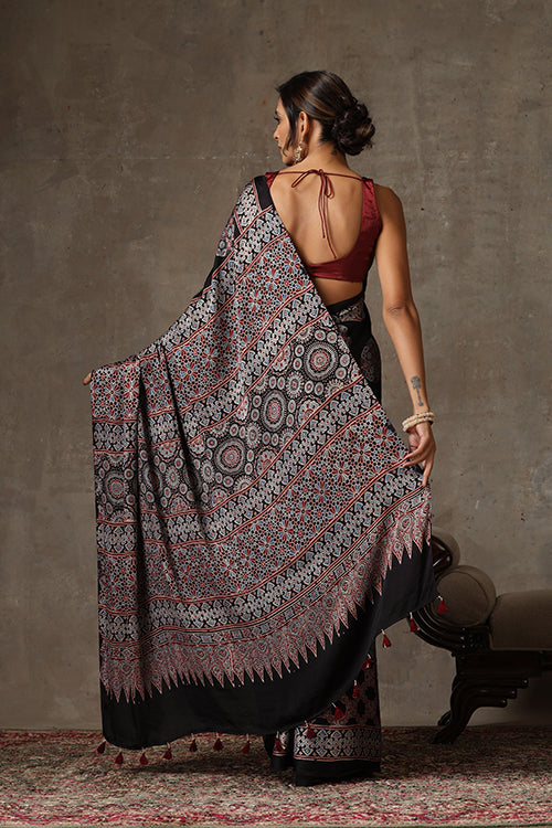 TENAARO  Ajrakh Hand Block Printed Modal Silk Saree (Black27)