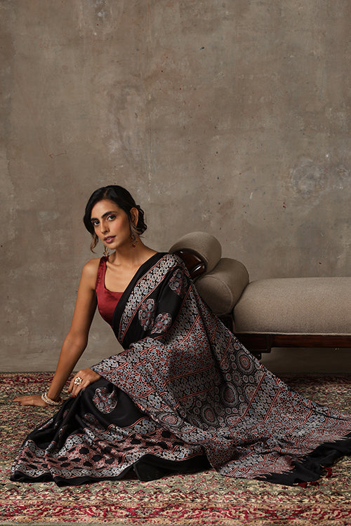 TENAARO  Ajrakh Hand Block Printed Modal Silk Saree (Black27)