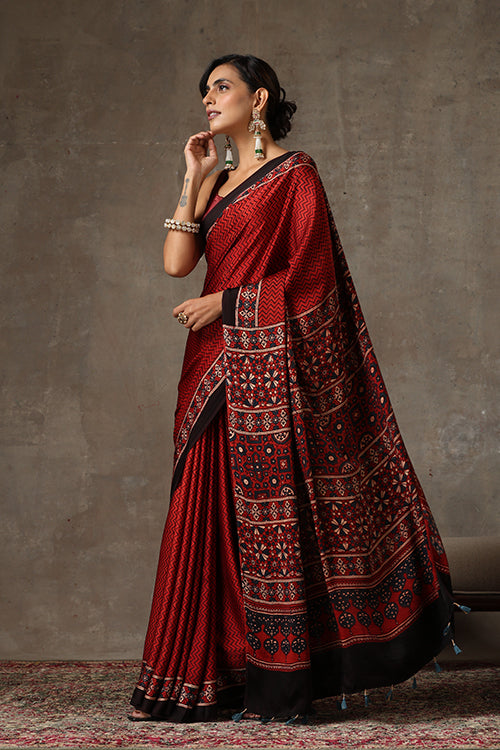 TENAARO  Ajrakh Hand Block Printed Modal Silk Saree (Red28)