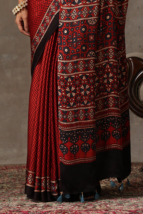 TENAARO  Ajrakh Hand Block Printed Modal Silk Saree (Red28)