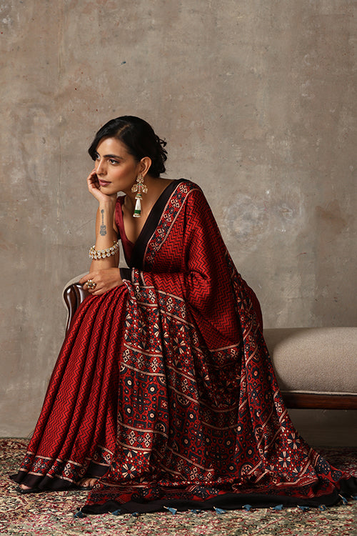 TENAARO  Ajrakh Hand Block Printed Modal Silk Saree (Red28)