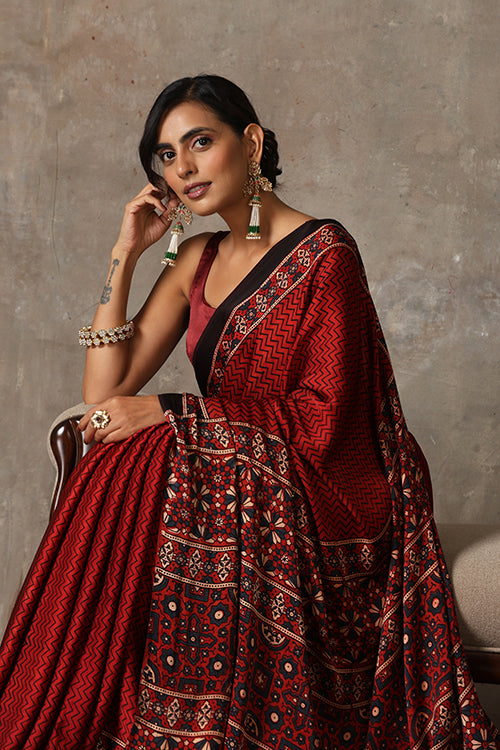 TENAARO  Ajrakh Hand Block Printed Modal Silk Saree (Red28)