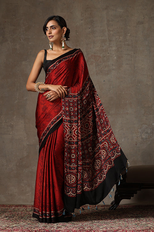 TENAARO  Ajrakh Hand Block Printed Modal Silk Saree (Red29)