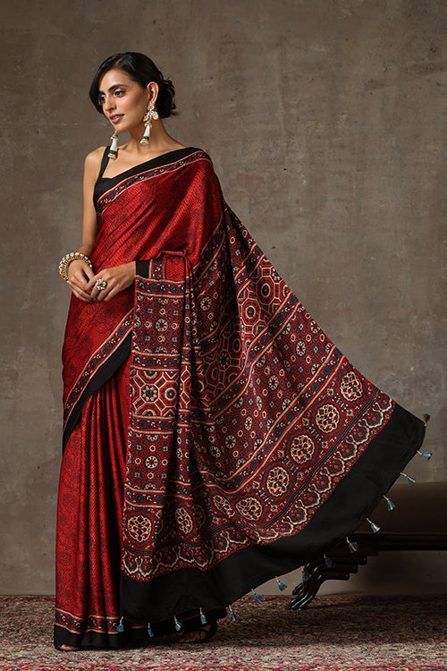 TENAARO  Ajrakh Hand Block Printed Modal Silk Saree (Red29)