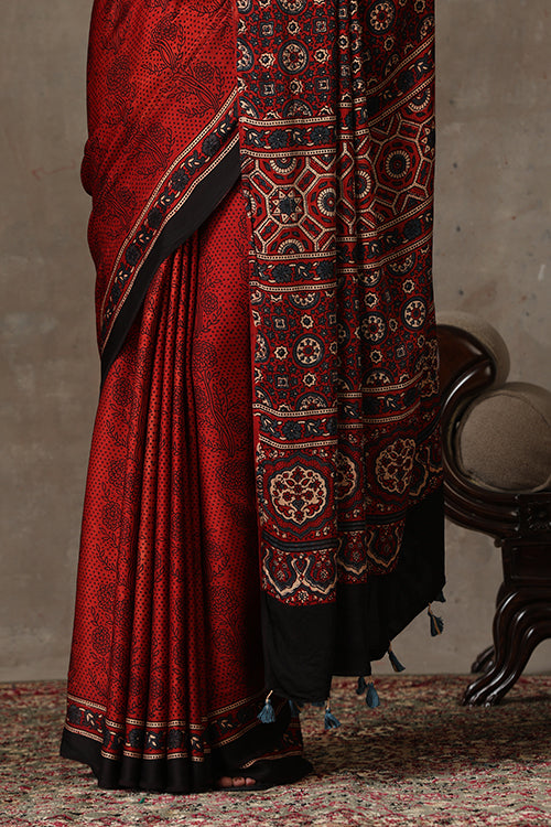 TENAARO  Ajrakh Hand Block Printed Modal Silk Saree (Red29)