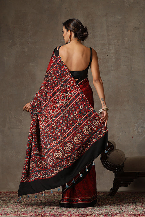 TENAARO  Ajrakh Hand Block Printed Modal Silk Saree (Red29)
