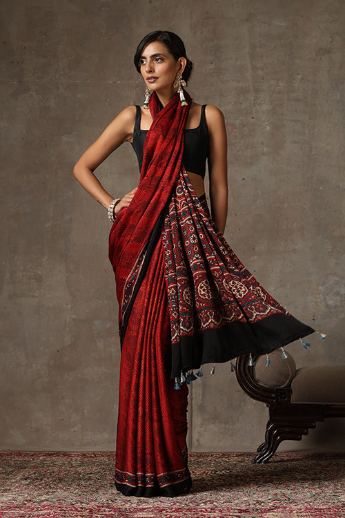 TENAARO  Ajrakh Hand Block Printed Modal Silk Saree (Red29)