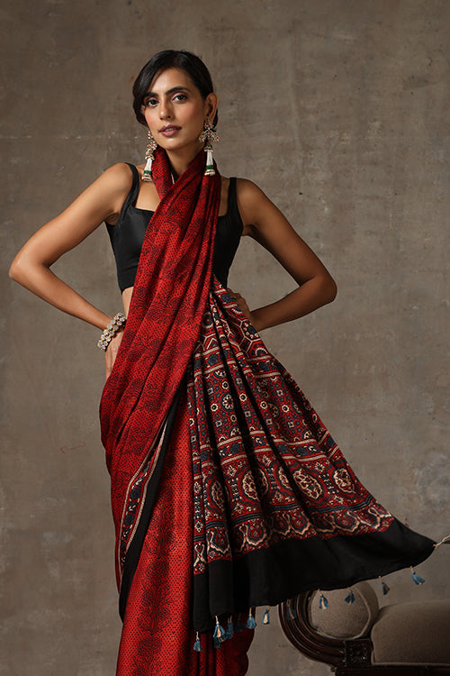 TENAARO  Ajrakh Hand Block Printed Modal Silk Saree (Red29)
