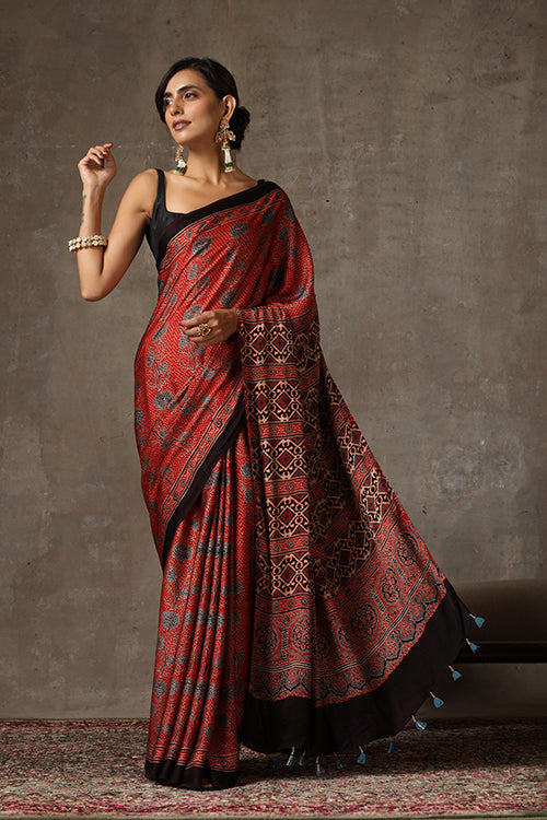 TENAARO  Ajrakh Hand Block Printed Modal Silk Saree (Red30)