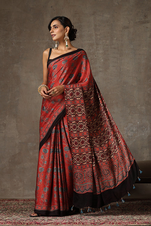 TENAARO  Ajrakh Hand Block Printed Modal Silk Saree (Red30)