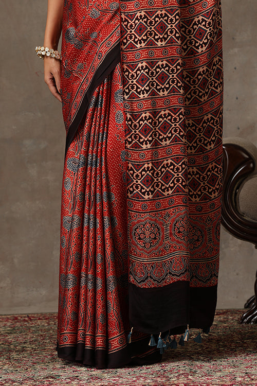 TENAARO  Ajrakh Hand Block Printed Modal Silk Saree (Red30)