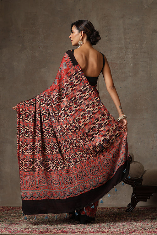 TENAARO  Ajrakh Hand Block Printed Modal Silk Saree (Red30)