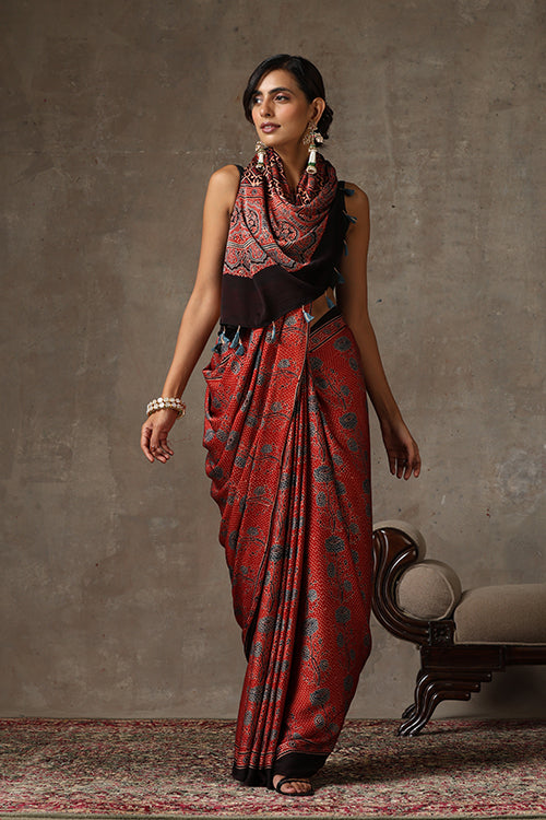 TENAARO  Ajrakh Hand Block Printed Modal Silk Saree (Red30)