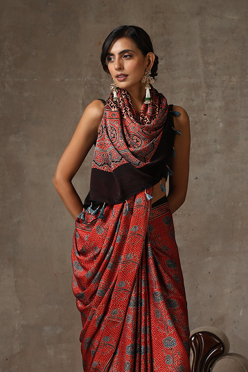 TENAARO  Ajrakh Hand Block Printed Modal Silk Saree (Red30)