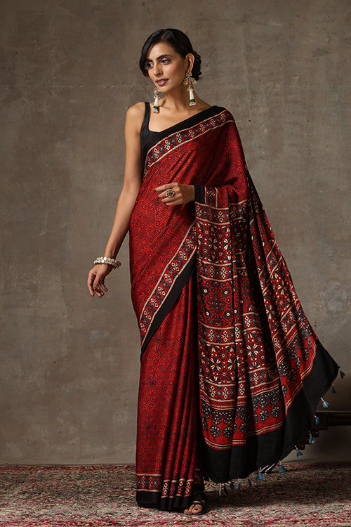 TENAARO  Ajrakh Hand Block Printed Modal Silk Saree (Red31)