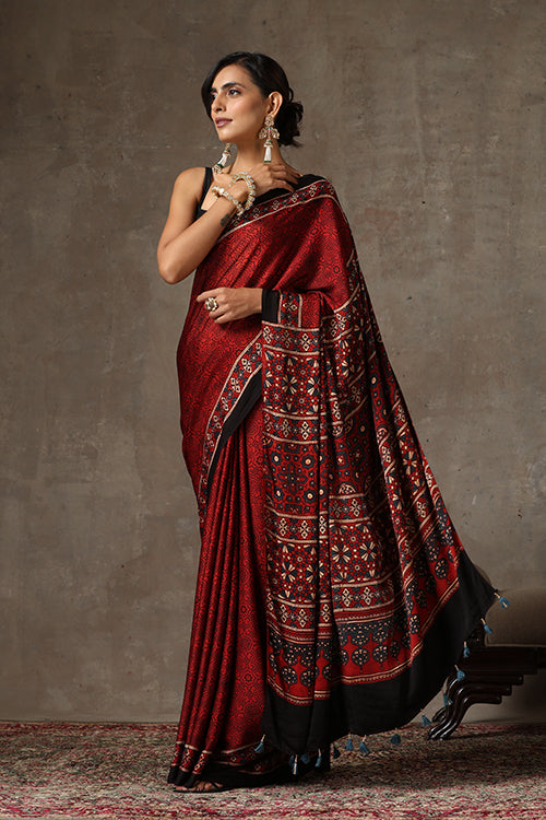 TENAARO  Ajrakh Hand Block Printed Modal Silk Saree (Red31)