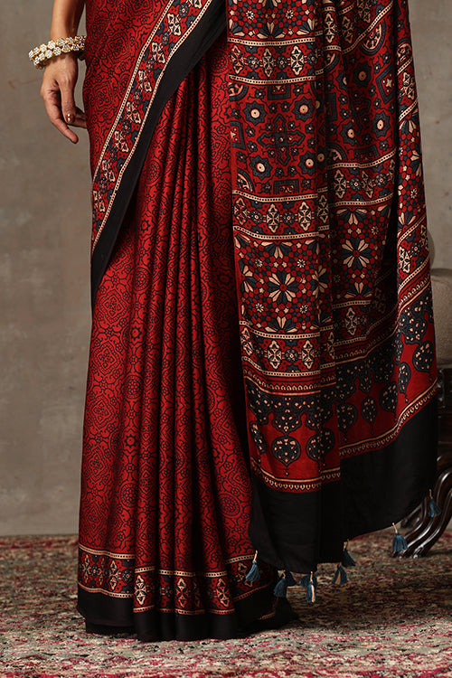 TENAARO  Ajrakh Hand Block Printed Modal Silk Saree (Red31)