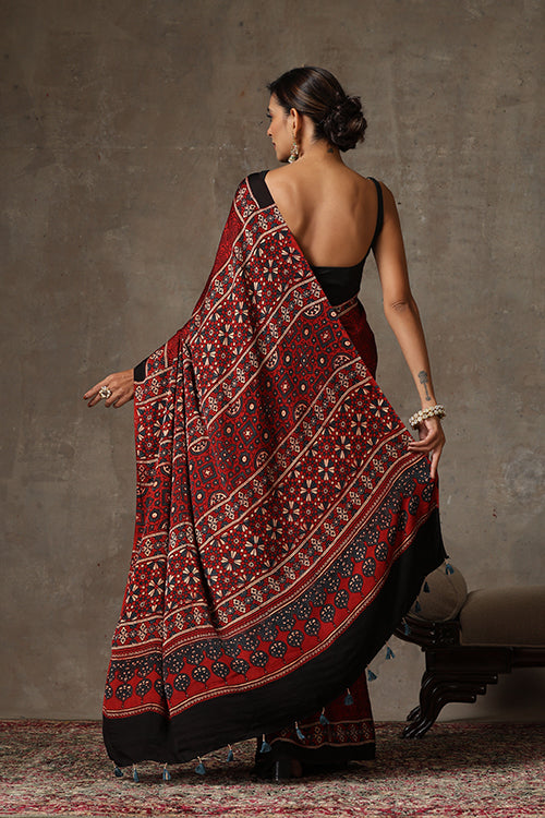 TENAARO  Ajrakh Hand Block Printed Modal Silk Saree (Red31)