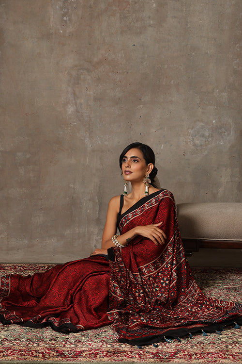 TENAARO  Ajrakh Hand Block Printed Modal Silk Saree (Red31)