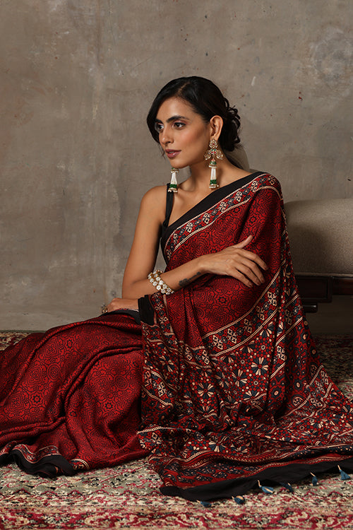 TENAARO  Ajrakh Hand Block Printed Modal Silk Saree (Red31)