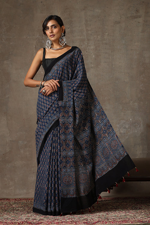 TENAARO  Ajrakh Hand Block Printed Mul Cotton Saree (Blue1)