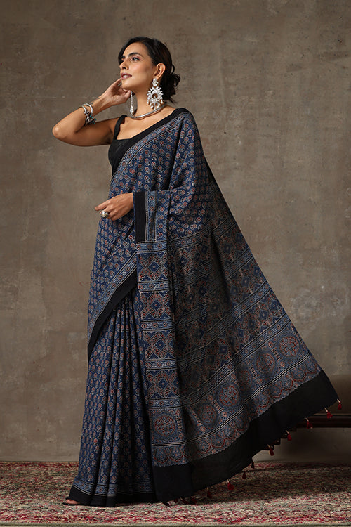 TENAARO  Ajrakh Hand Block Printed Mul Cotton Saree (Blue1)
