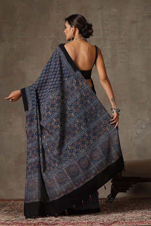 TENAARO  Ajrakh Hand Block Printed Mul Cotton Saree (Blue1)