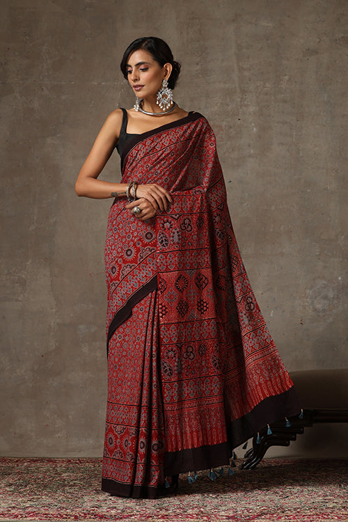 TENAARO  Ajrakh Hand Block Printed Mul Cotton Saree (Red2)