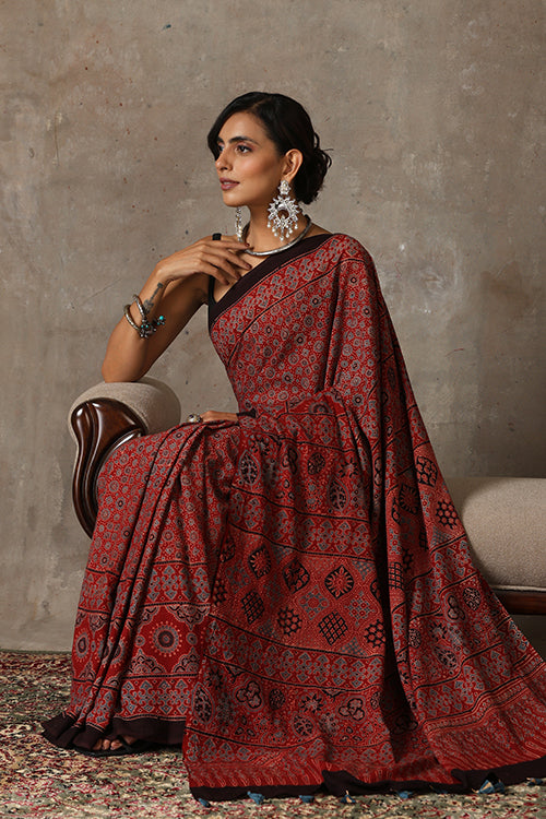TENAARO  Ajrakh Hand Block Printed Mul Cotton Saree (Red2)