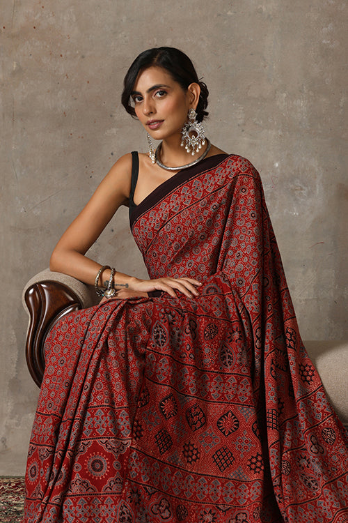 TENAARO  Ajrakh Hand Block Printed Mul Cotton Saree (Red2)