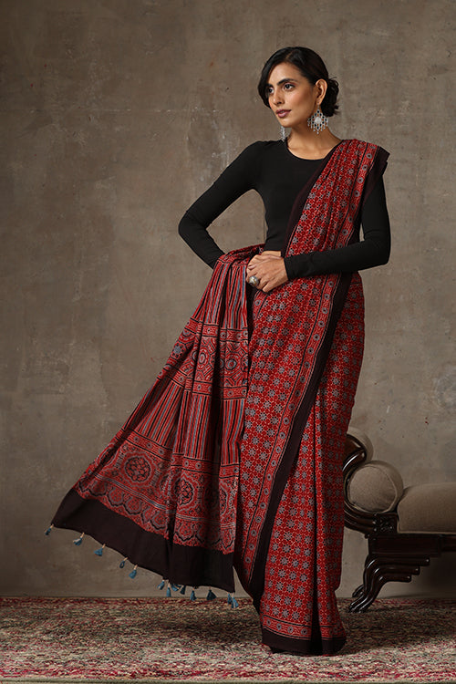TENAARO  Ajrakh Hand Block Printed Mul Cotton Saree (Red3)