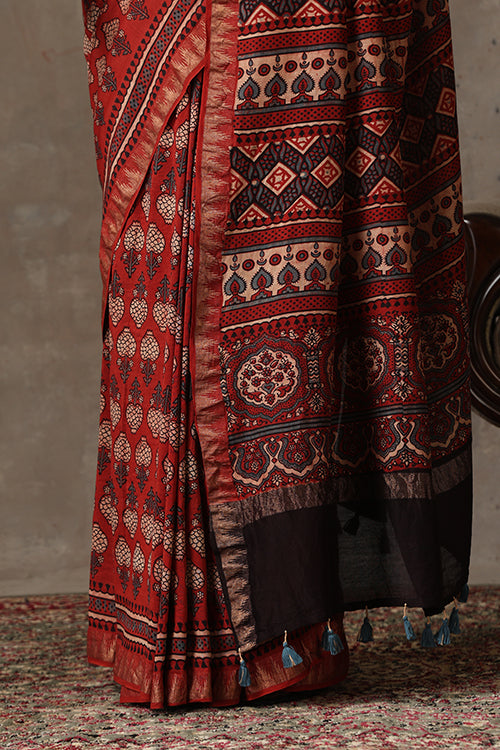 TENAARO  Ajrakh Hand Block Printed Chanderi silk with maheshvari border Saree