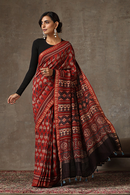 TENAARO  Ajrakh Hand Block Printed Chanderi silk with maheshvari border Saree