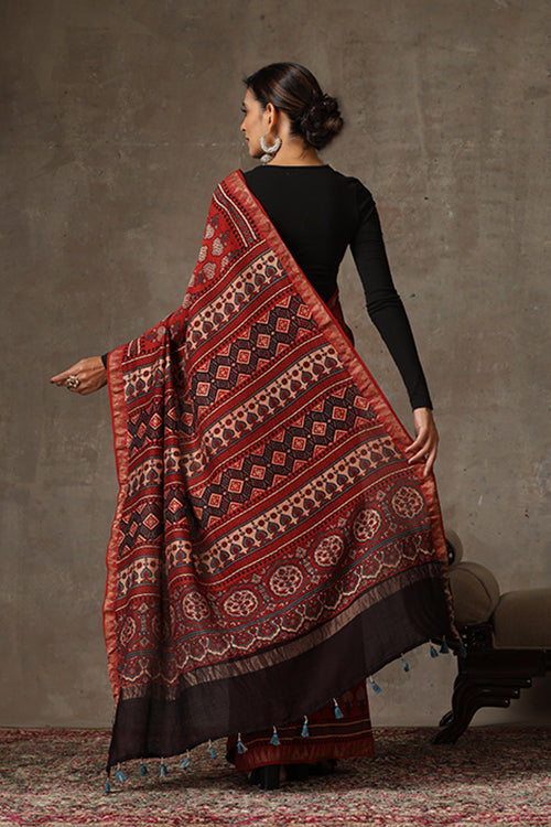 TENAARO  Ajrakh Hand Block Printed Chanderi silk with maheshvari border Saree
