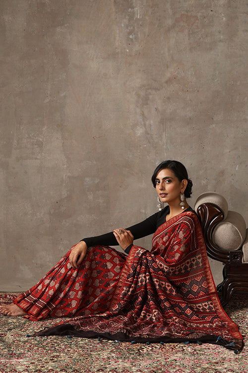 TENAARO  Ajrakh Hand Block Printed Chanderi silk with maheshvari border Saree