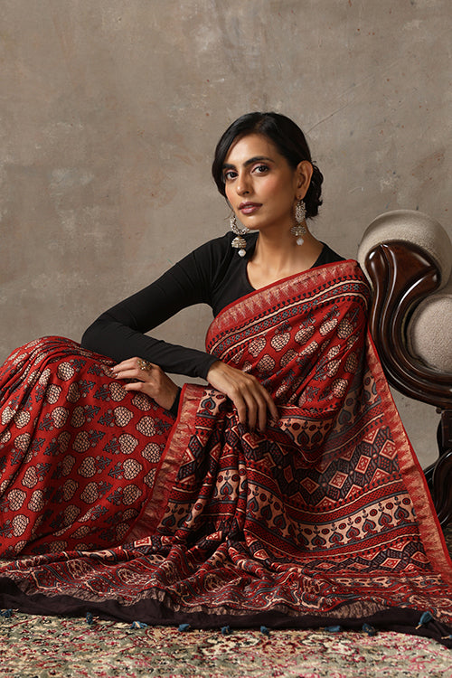 TENAARO  Ajrakh Hand Block Printed Chanderi silk with maheshvari border Saree