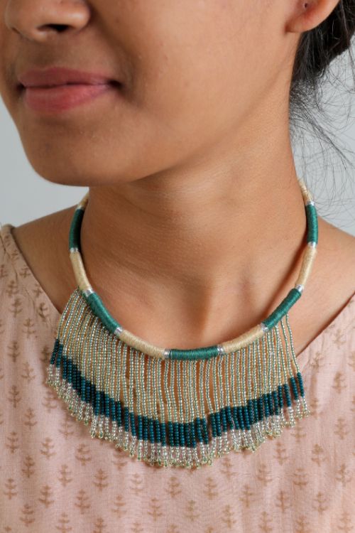 Antarang- Prakriti (Green) Jumki Bead Choker,  100% Cotton. Hand Made By Divyang Rural Women.