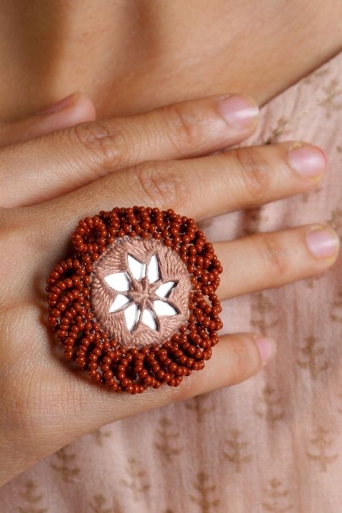 Antarang- Bhoomi (Brown) Bead Jumki Ring,  100% Cotton. Hand Made By Divyang Rural Women.