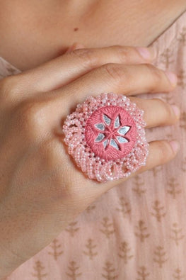 Antarang-  Gulabi (Pink)  Bead Jumki Ring,  100% Cotton. Hand Made By Divyang Rural Women.