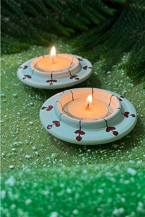 Antarang- Terracotta-Set Of 2 Circle Tea Light Holders- White