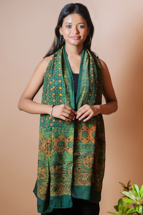 TICH Ajrakh Modal Satin Stole - Green