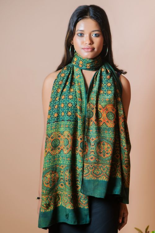 TICH Ajrakh Modal Satin Stole - Green