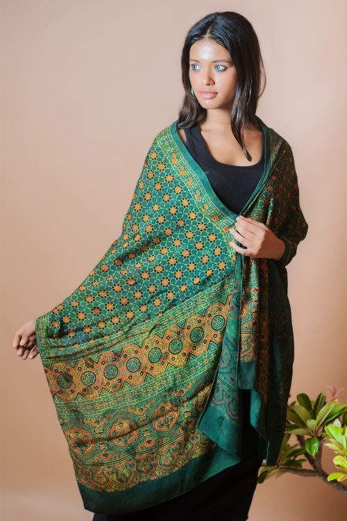 TICH Ajrakh Modal Satin Stole - Green